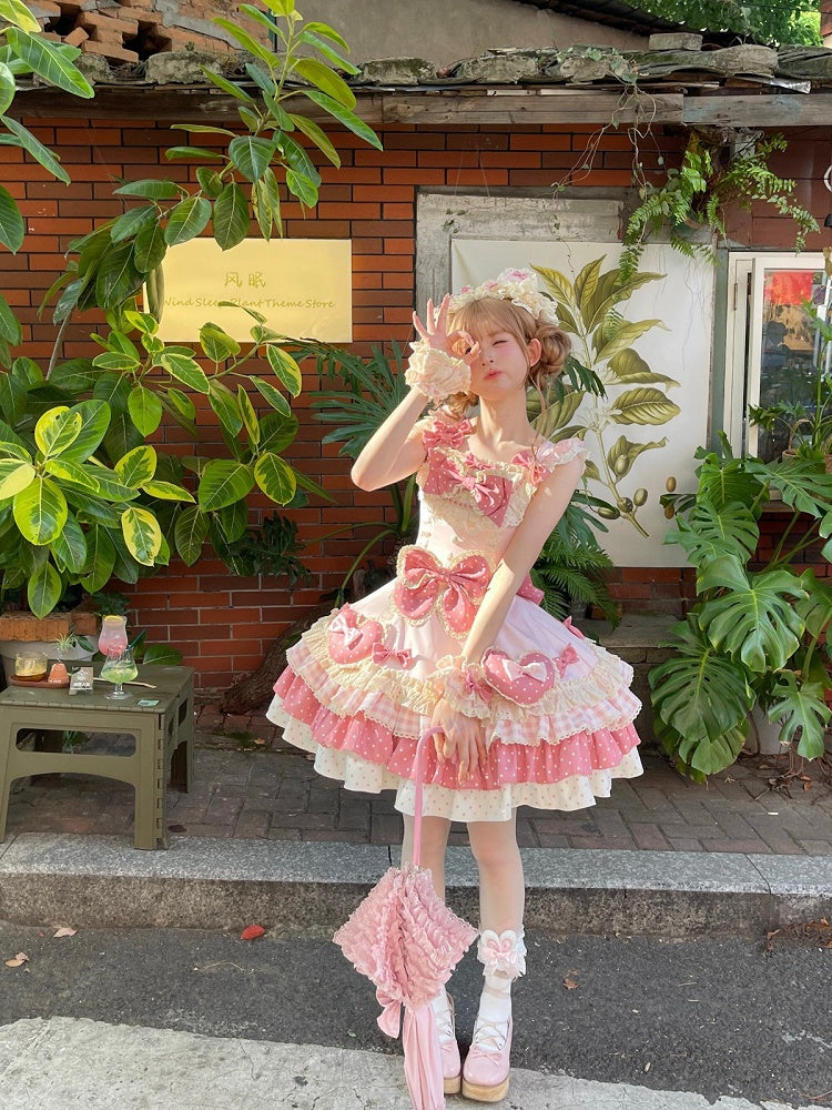 Pink Layered Sweet Lolita JSK Gown Featuring Oversized Bow & Heart Motifs - Sweet Crystal