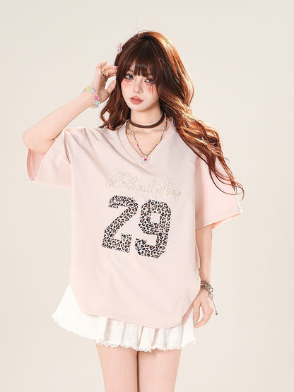 Pink Beaded Letter Leopard Pattern Number V-Neck T-Shirt