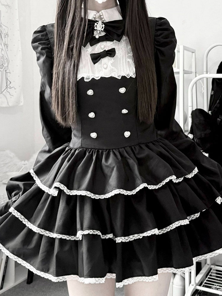 Black Jirai Kei Two-Piece Set with Tiered Ruffle Dress, Bows, Lace & Bloomers - Virtual Paradise