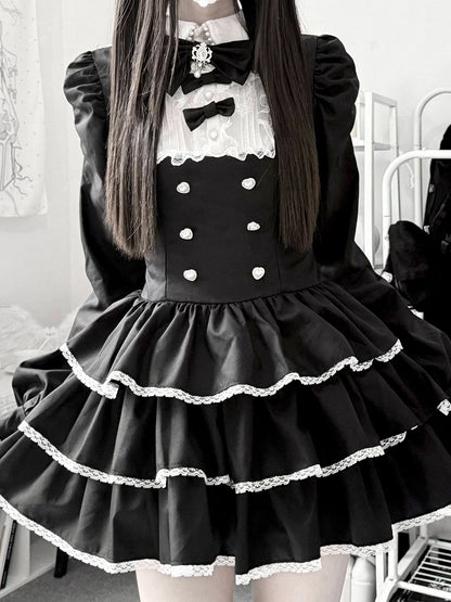 Black Jirai Kei Two-Piece Set with Tiered Ruffle Dress, Bows, Lace & Bloomers - Virtual Paradise