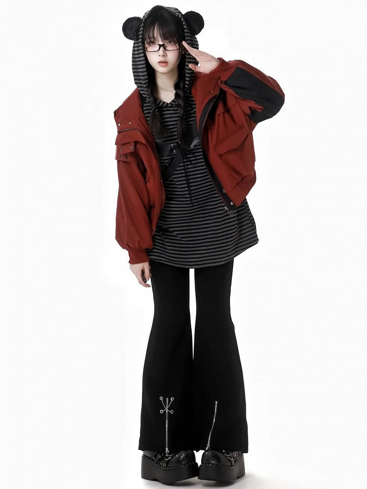 Red and Black Colorblock Sleeves Hooded Crop Jacket