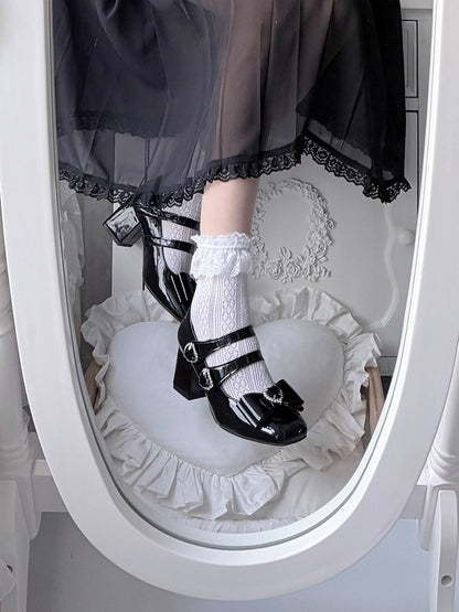 Elegant Black Square Toe Mary Jane Shoes with Heart Decor Buckle Straps - Transfer Student