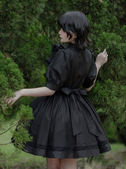 Vintage Black Lace-Trimmed Short-Sleeve OP Dress