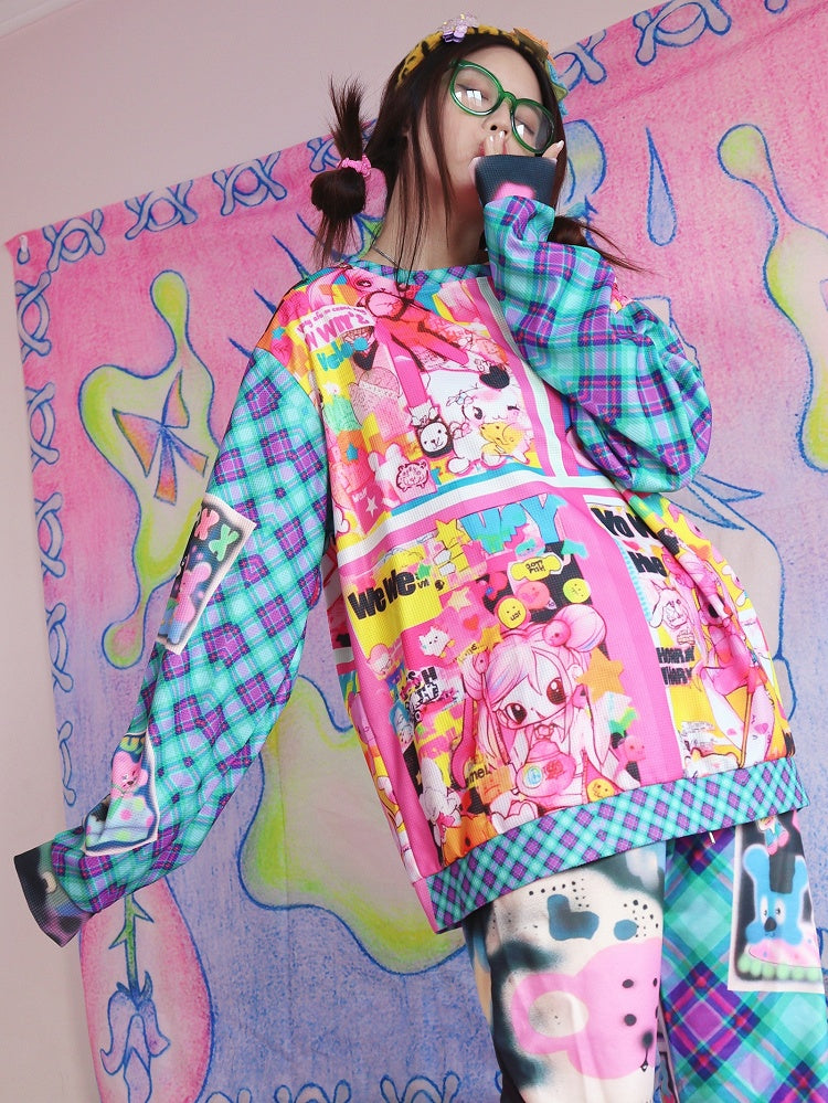 Blau/Rotes Sweatshirt mit Gyaru-Karomuster und Cartoon-Modedruck