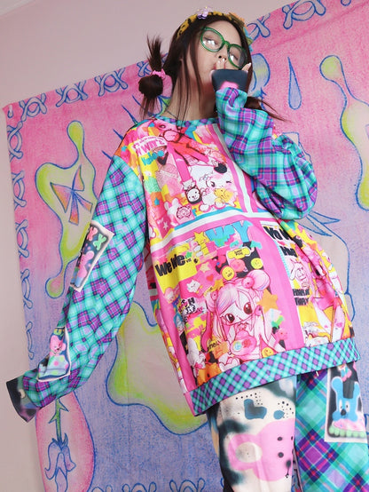 Blau/Rotes Sweatshirt mit Gyaru-Karomuster und Cartoon-Modedruck