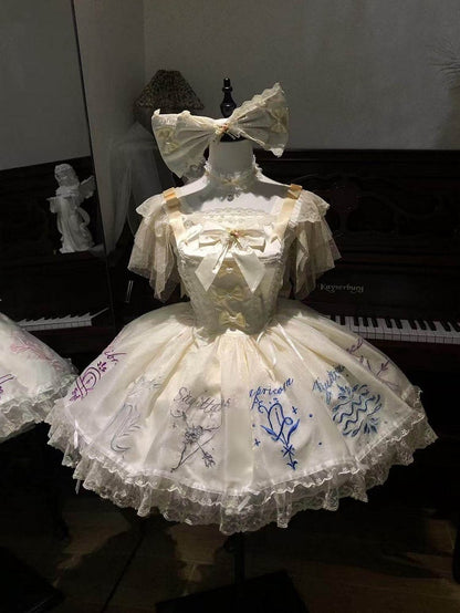 Dress Champagne Embroidered Zodiac with Butterfly Sleeves Tulle Lolita
