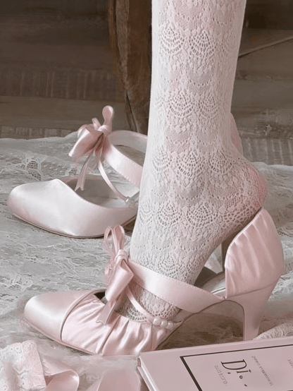 Lolita Satin - Accents Heels Toe Bow Pink Mary Jane Pointed Elegant