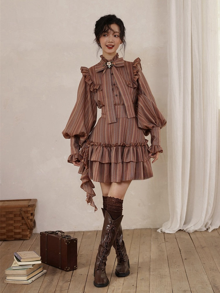 Reddish Brown Striped Pattern Vintage  Bishop Sleeves Ruffle Trim Blouse