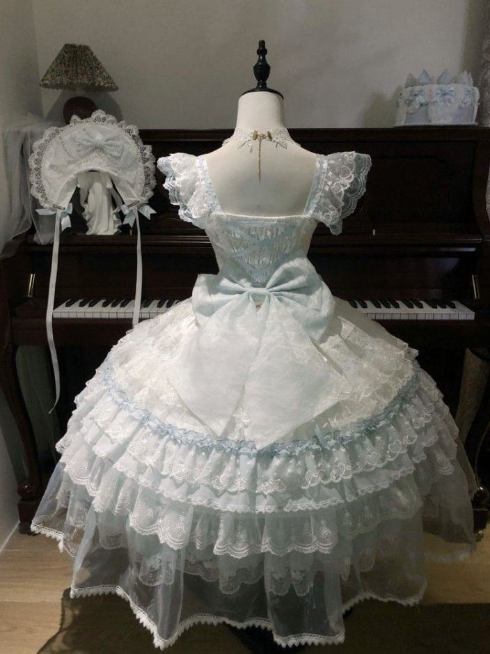 Sleeves Light Flutter Dress with Layered Blue Lace Lolita Princess