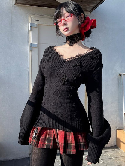 ゴシックレッドクロスチャームチェック柄ウールプリーツミニスカート
