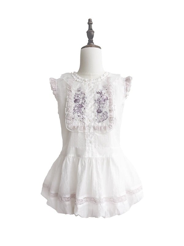 Summer Lolita Top & Skirt Set with Floral Embroidery and Lace - Yimu Walnut
