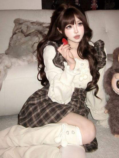 Brown Overall Skirt Puffed with - Bubble Sleeves Hem Plaid