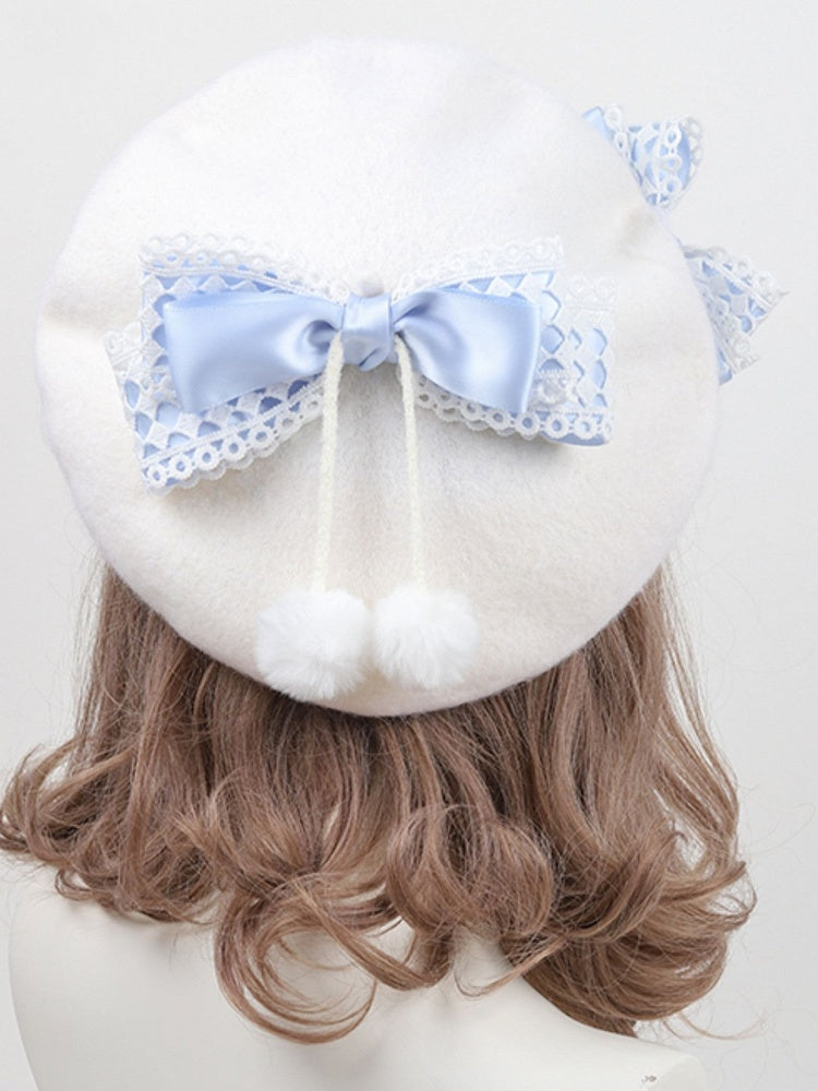 Detachable Bow Beret Alice Sweet Blue Lolita White with