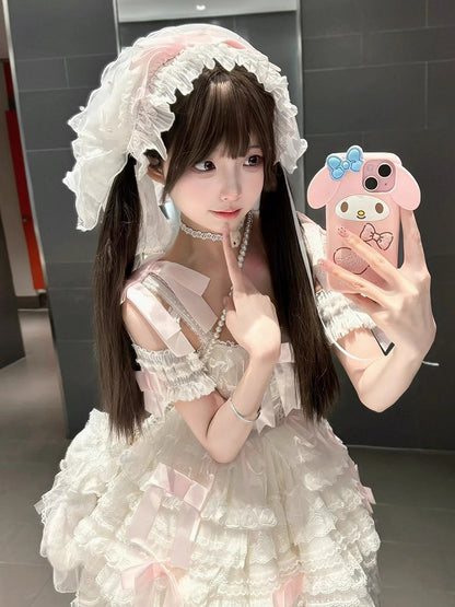 Dress Pink Off-the-shoulder Lolita Sweet Bow White Layered Hime Accents with Lace Ruffles