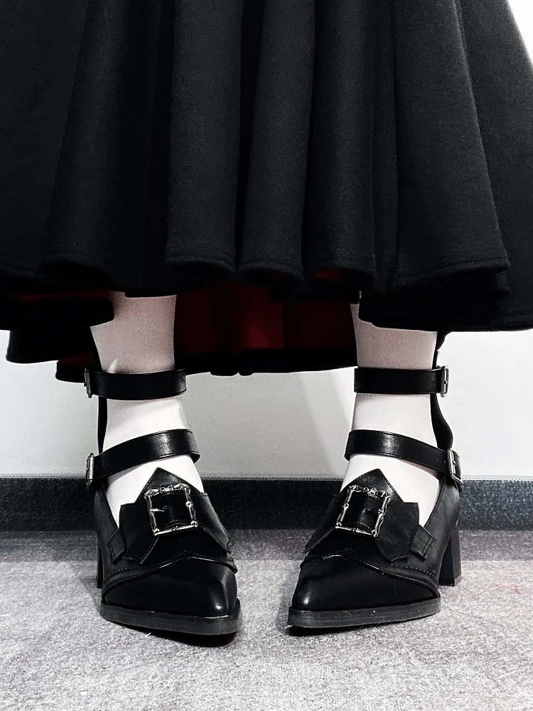 Heeled Pointed-toe Matte Black Bat Wing Details 5cm Bow - Buckle Gothic Shoes