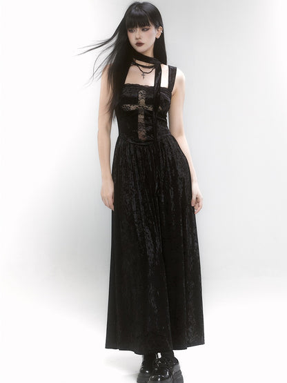 Gothic Black Velvet Square Neckline Lace Cross Dress