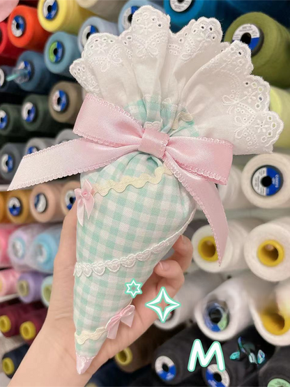 Piping Brooch Pastry Lace and Ruffles Bag-Shaped Lolita Green Bowknots Plaid with
