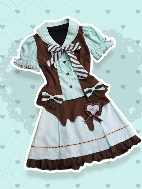 Cocoa Mint Balloon-Sleeve Two-Piece Top Set with Ruffled Skirt - Sweet Dream