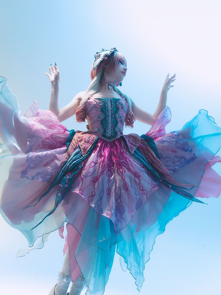 Embroidery Pink Bodice Print Biochemical Ribs Layered Handkerchief Lolita Spider Hem Dress