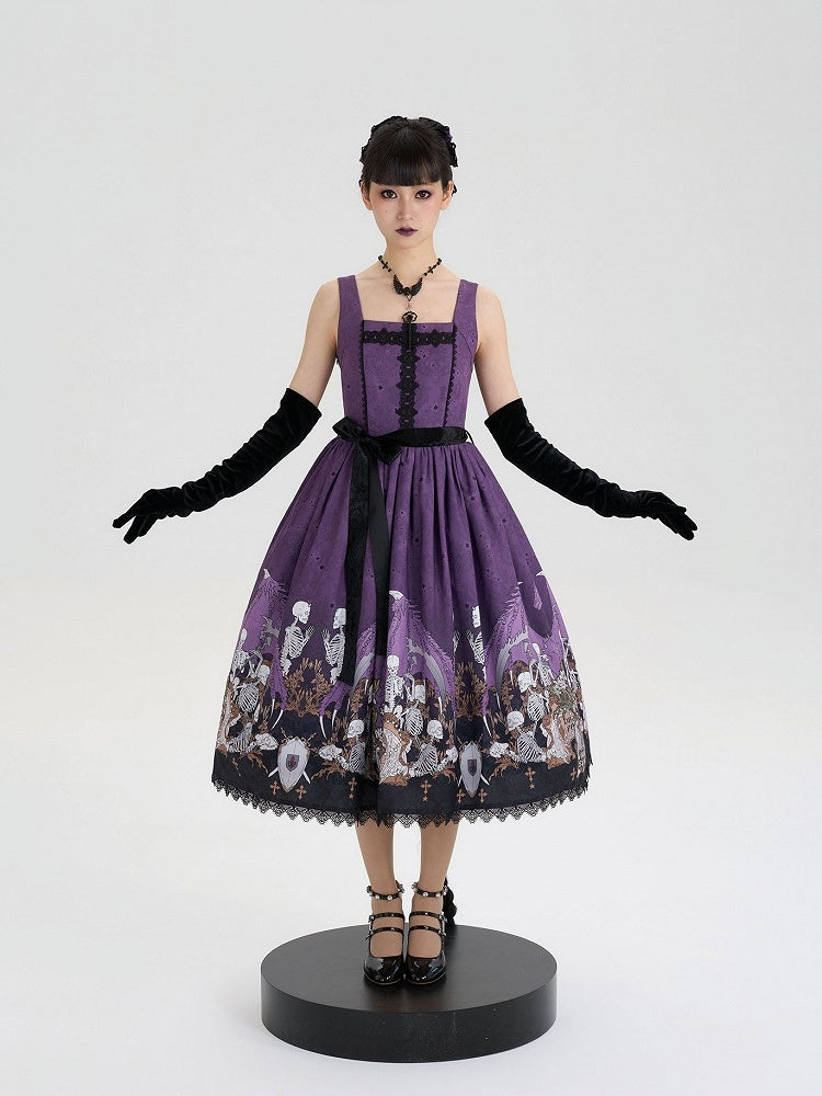 Purple Square Neck Skeleton Cross Gothic JSK - NnSTAR