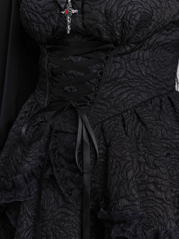 スカート ゴシック ブラック スウィートハートネックライン レースアップフロント ティアード