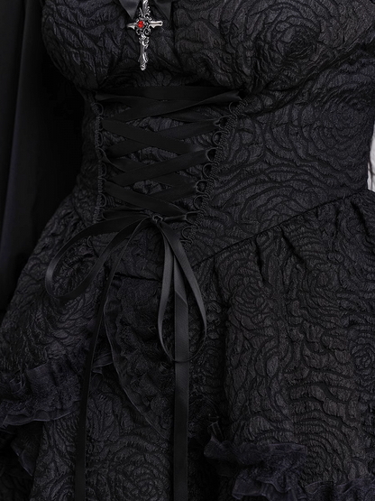 スカート ゴシック ブラック スウィートハートネックライン レースアップフロント ティアード