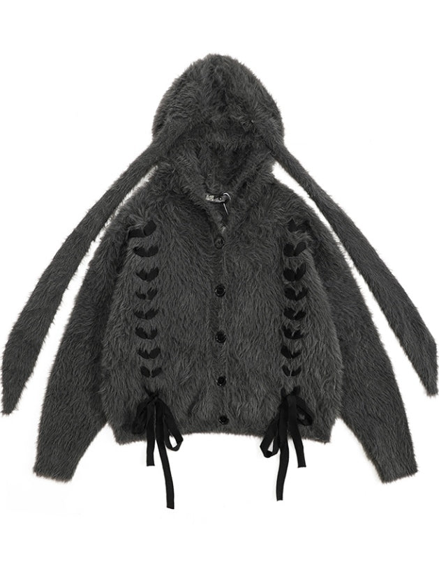 Dunkelgraue, flauschige Strickjacke mit Kapuze und Hasenohren