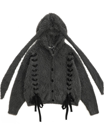 Dunkelgraue, flauschige Strickjacke mit Kapuze und Hasenohren