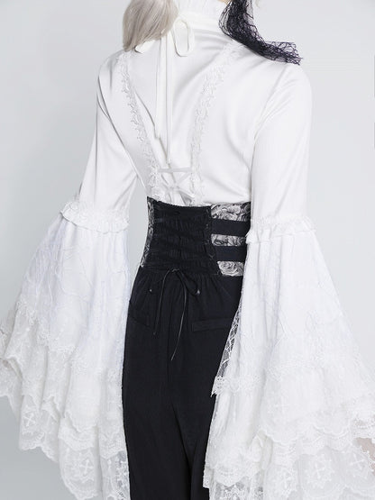 Flounce Collar Bell Sleeve Blouse with Lace Patchwork - DevilInspired Exclusive Collection