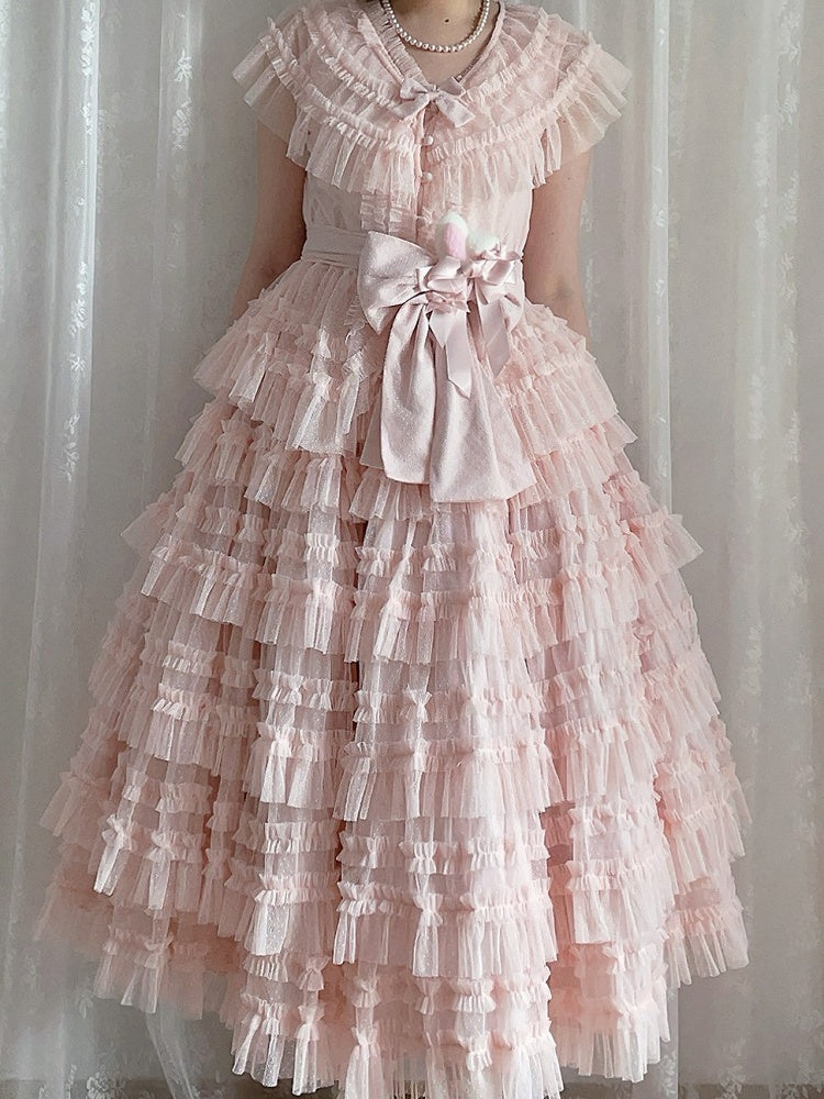 Mesh-Set Rosa Weste Baumwolle Lolita Gürtel Elegante gepunktete Taille - Mehrlagiger Tüllrock Klassisch +