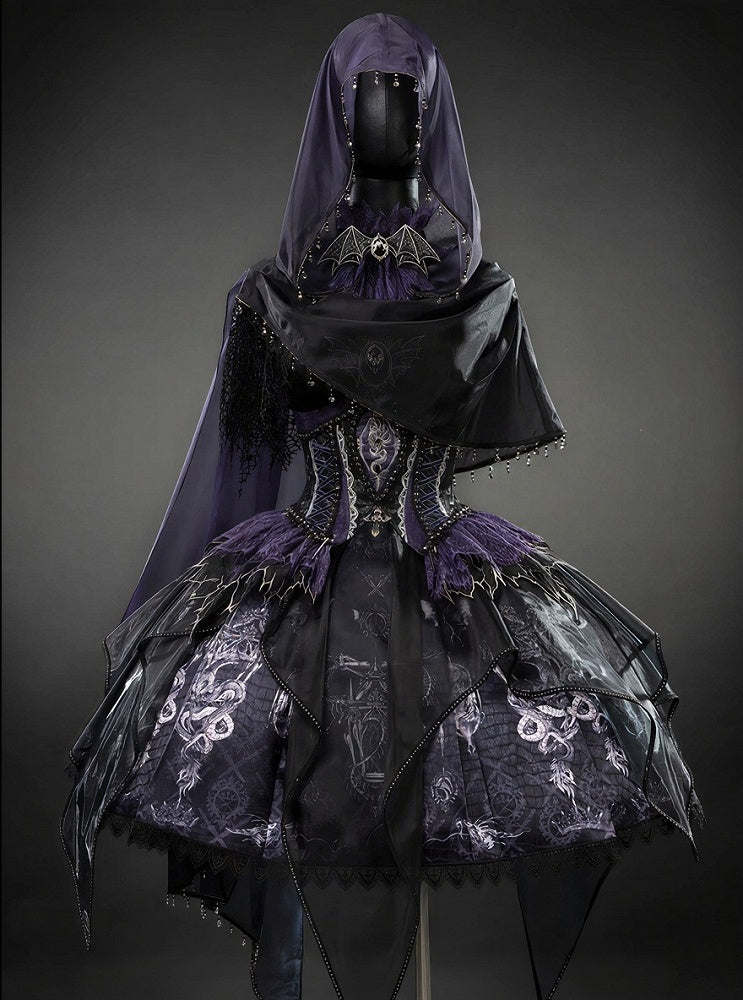 Black & Purple Bone Dragon Embroidery Halter Neck Gothic Lolita Dress Set - Ying Luo Fu