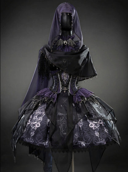 Black & Purple Bone Dragon Embroidery Halter Neck Gothic Lolita Dress Set - Ying Luo Fu