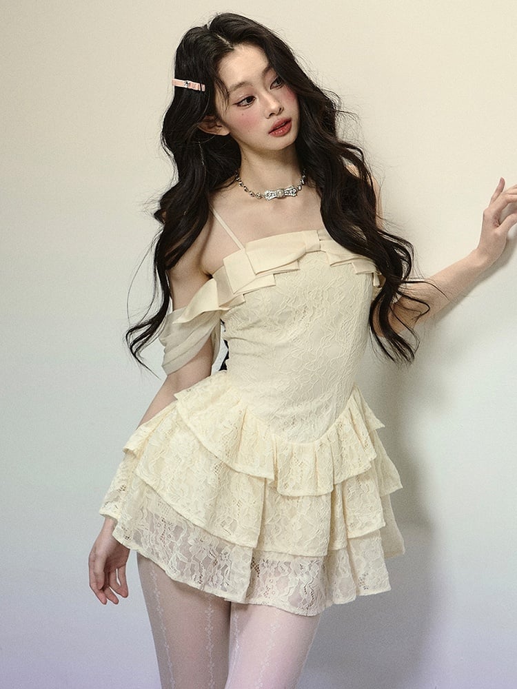 Apricot Bow Accent Tiered Skirt Lace Mini Dress