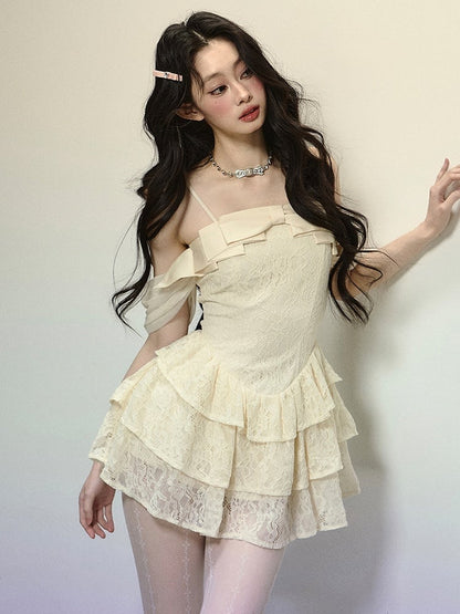 Apricot Bow Accent Tiered Skirt Lace Mini Dress