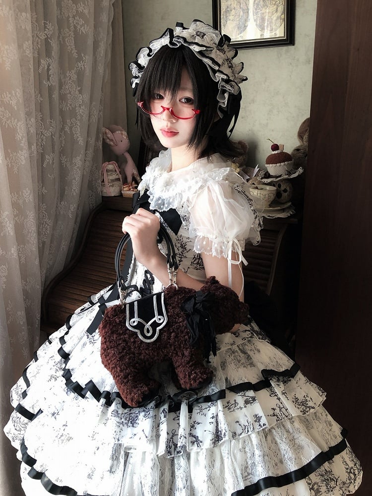 Elegant Hanayome-Style Black & White Porcelain-Inspired 92CM-Length Lolita Princess Dress - Sleepless Star