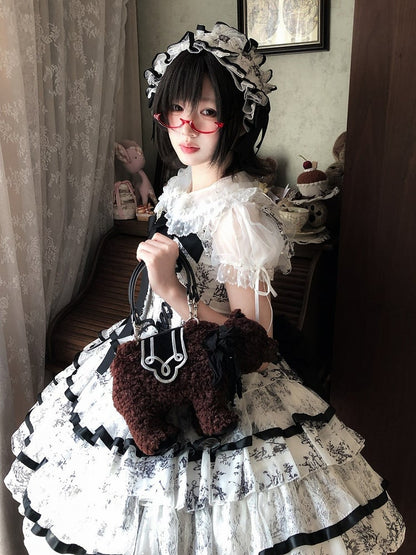 Elegant Hanayome-Style Black & White Porcelain-Inspired 92CM-Length Lolita Princess Dress - Sleepless Star