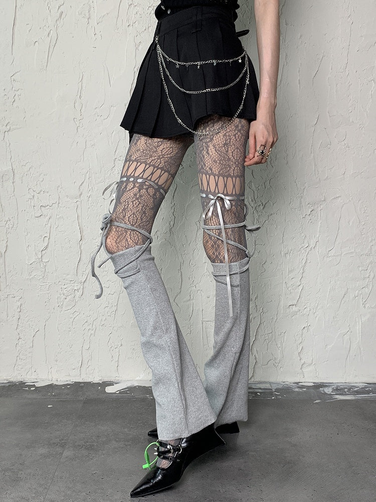 グレーのレッグセルフタイストラップY2Kスリーブ