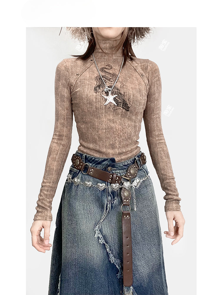 Khakifarbenes, hochgeschlossenes Oberteil mit Drachen-Print