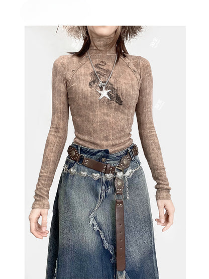 Khakifarbenes, hochgeschlossenes Oberteil mit Drachen-Print