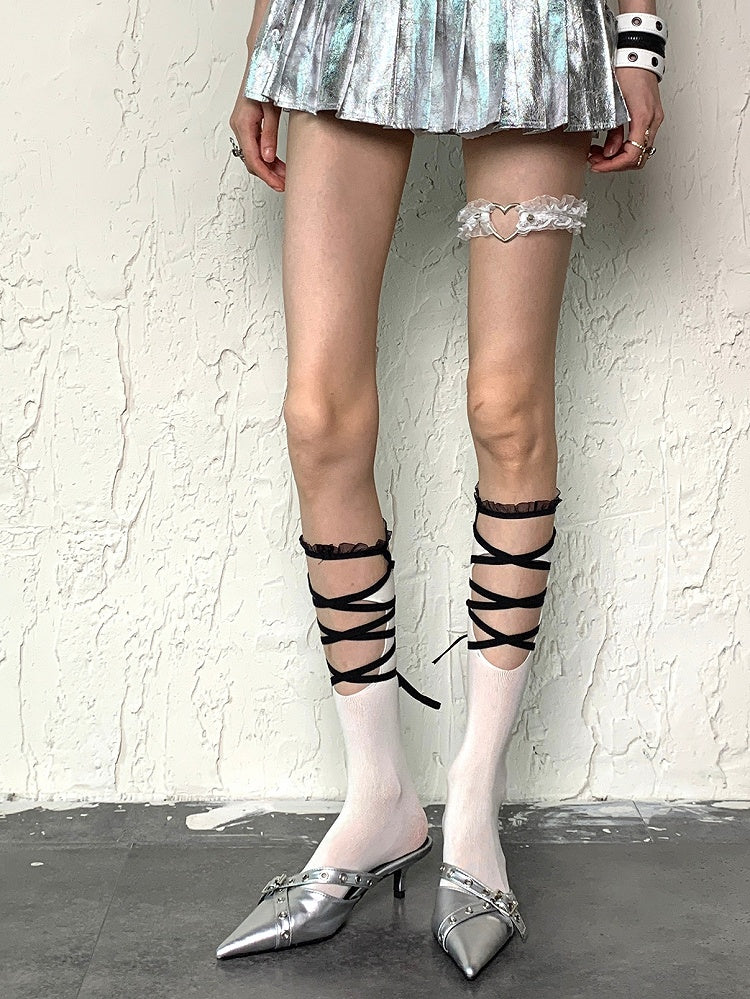 Strapsstrümpfe Crisscross Y2K Unterknee Selbstbinden Schwarz/Weiß