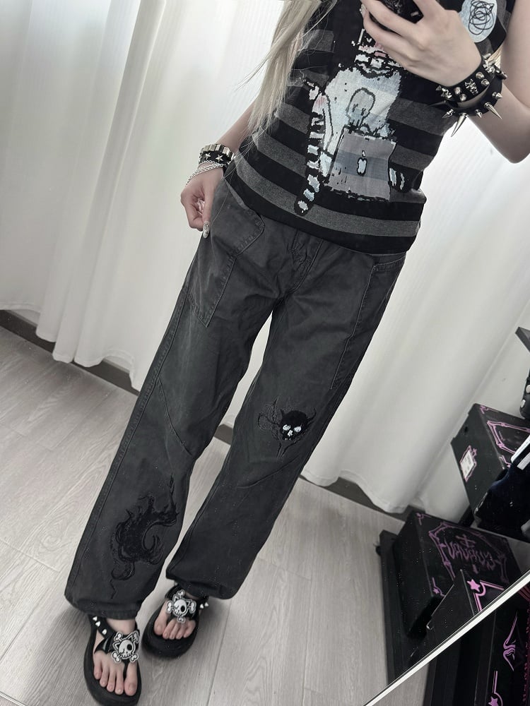 Straight-leg Pants with Skeleton Pattern Y2K Gray