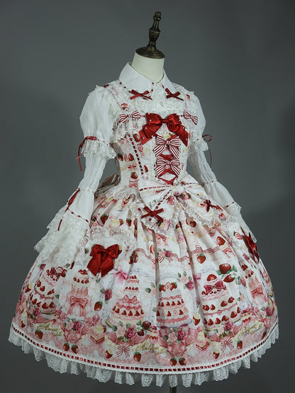 Sweet Bow JSK Full Lolita Accents Print / Weiße Desserts und Set Erdbeere