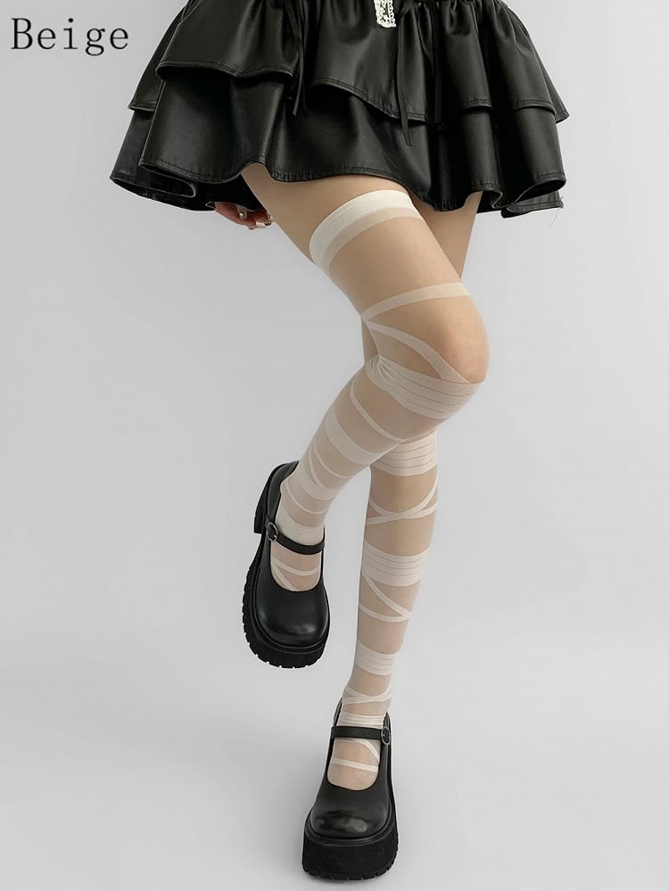 Y2K Overknee Grau/Weiß/Schwarz/Beige Strümpfe Crisscorss Banded