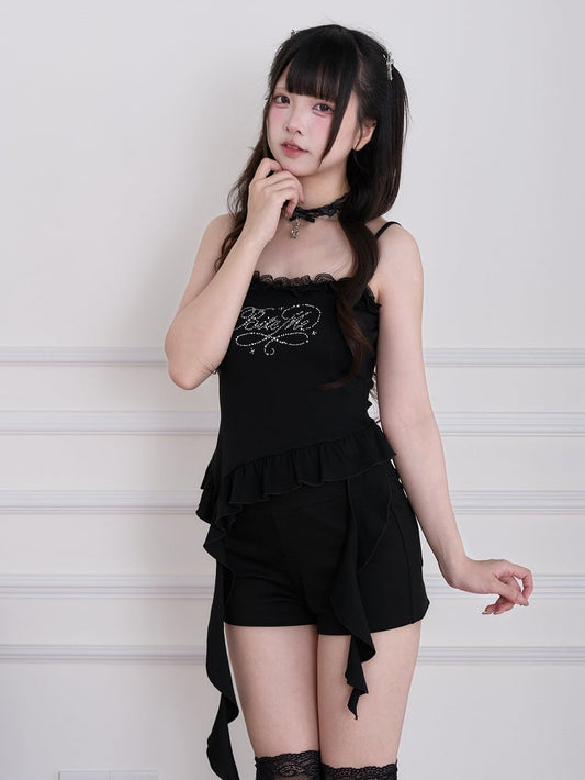 Débardeur Jirai Kei noir avec dentelle, strass, volants et rubans