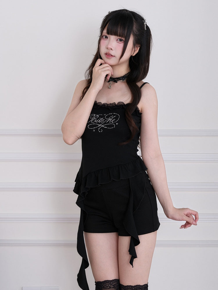 Black Lace Rhinestone Cami Top with Ruffle and Ribbon - No Genki