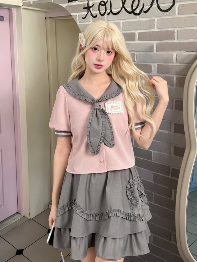 und graue Bluse Preppy Pink Rüschen Matrosenkragen Puffärmel Stil