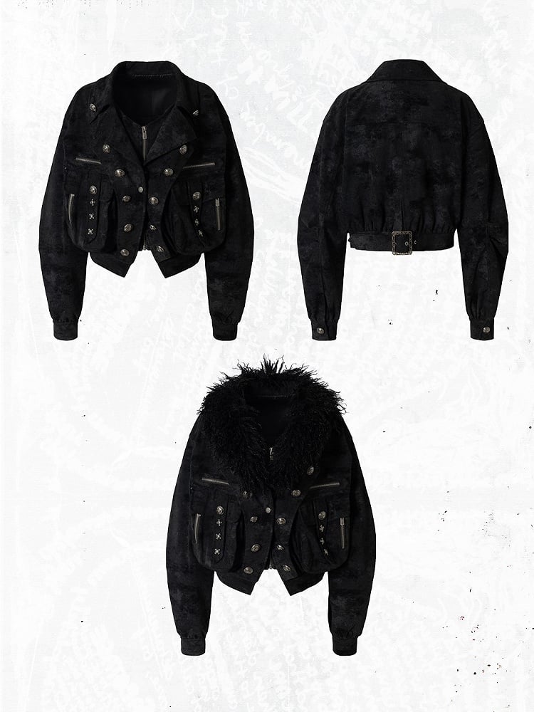 Faux Pockets Studded with Jacket Black Punk Collar Fur Suede Embellishments Detachable 3D