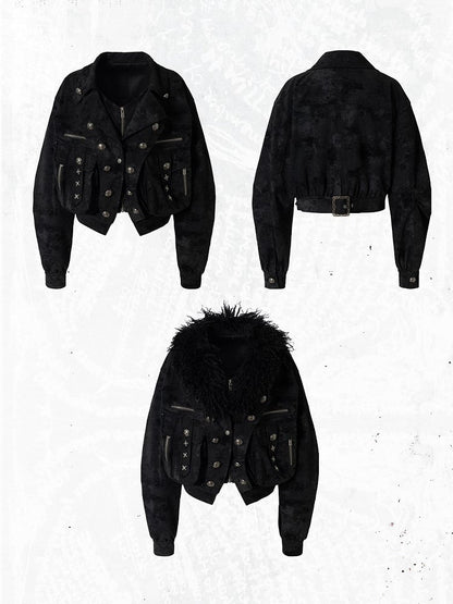 Faux Pockets Studded with Jacket Black Punk Collar Fur Suede Embellishments Detachable 3D
