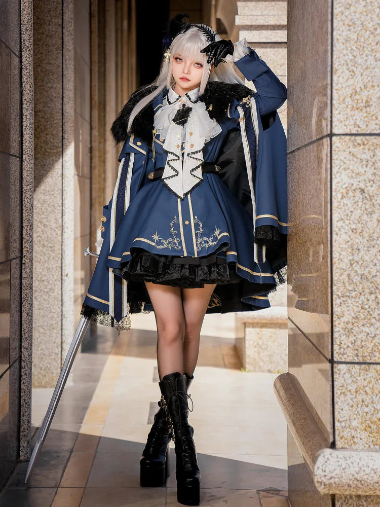 XXL Goldmantel Blauer Rock + Set Cape Shirt Jabot Besatz Ausverkaufsgröße Voll Lolita Militär und