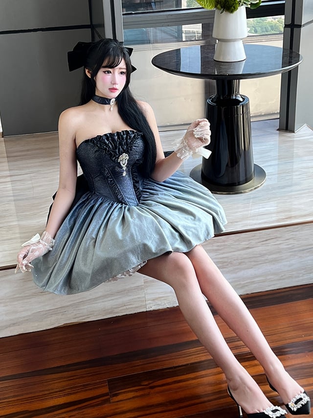 Strapless Dress Gradient Blue Shimmering Birthday Starry Night